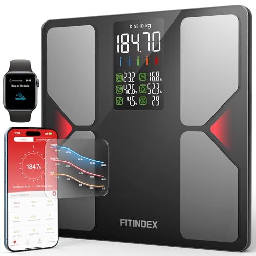 FITINDEX Smart Scale for Body Weight, BMI, Body Fat, Muscle Mass, High Accurate Bluetooth Scale with Large Display, 13 Body Composition Analyzer Sync APP, 500lbs, 11.8"