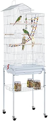 Yaheetech 62.4-inch Roof Top Flight Bird Cage for Parakeets Cockatiels Conures Finches Lovebirds Canaries Budgies Small Parrots, Large Birdcage with Detachable Rolling Stand, White