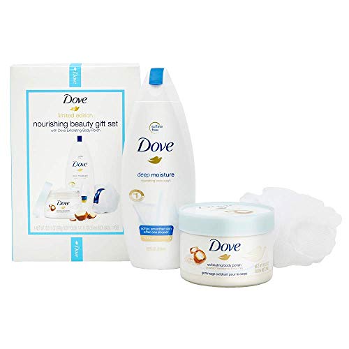 Dove Limited Edition Beauty Gift Set Exfoliating Body Polish and Moisturizing Body Wash with FREE Body Pouf Macadamia, Rice Milk