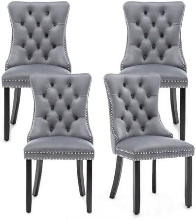 Velvet Dining Chairs Set of 4,Upholstered Dining Chairs with Ring Pull Trim and Button Back,Modern Seating for Kitchen, Bedroom & Living Room(Grey)