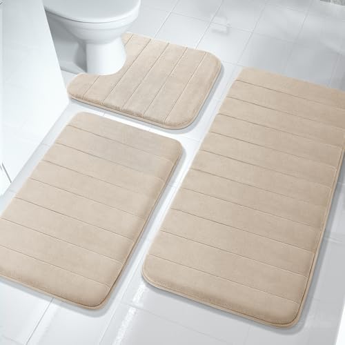 Yimobra 3 Pieces Memory Foam Bath Mat Set with U-Shaped Toilet Rug - Non Slip Super Soft Absorbent Quick Dry Bathroom Rugs for Bathtub, Vanity & Toilet Base, Beige