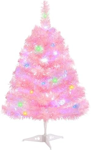 2FT Artificial Christmas Tree with Lights Lighted Pink Tabletop Christmas Tree with Plastic Stand Light Up Battery Operated Mini Xmas Tree for Party Supplies Indoor Outdoor Holiday Home Decoration