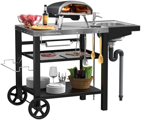 Outdoor Grill Table Cart, Pizza Oven Cart Table with Sink & Drawer & Wheels, Movable 3 Shelf Food Prep Table for Ninja Woodfire, Blackstone Griddle Stand, Ooni Pizza Oven, Cuisinart, Cooking Station