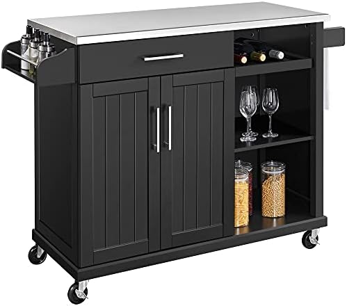 Yaheetech Kitchen Cart with Stainless Steel Top and Storage Cabinet, Kitchen Island on Wheels with Drawer & Open Shelves & Wine Rack & Spice Rack, 18" D x 51" W x 36" H, Black