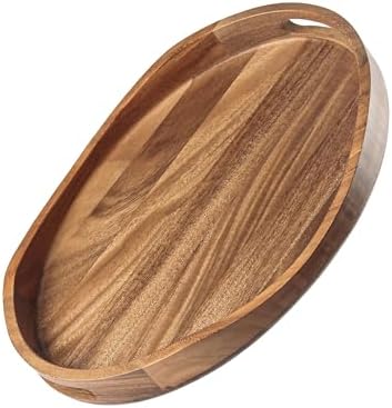 Acacia Wood Serving Tray with Handles - 17"x13" Round, Decorative Ottoman Tray for Living Room, Coffee Table, Breakfast in Bed, Candle Display
