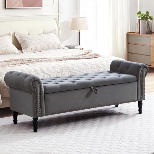67'' End of Bed Bench King Size, Storage Bench for Bedroom End of Bed, Upholstered Tufted Storage Ottoman Benches with Arms for Living Room, Entryway, Windows, Velvet Dark Grey