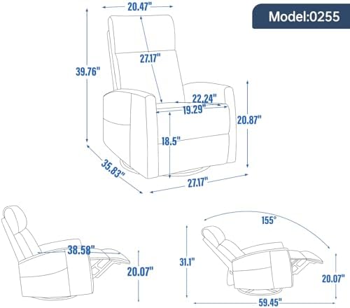 Swivel Rocker Recliner Chair, 360° Swivel Recliner with Heat and Massage, Rocker Recliner Nursery Glider Chair with Side Pockets for Living Room (Grey, Fabric)