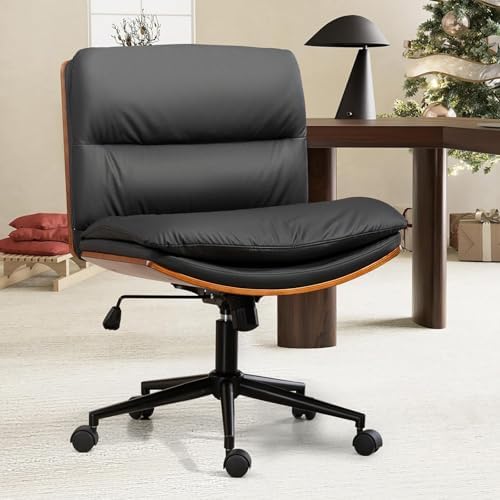 Armless Modern Walnut Office Desk Chair with Wheels, PU Leather Adjustable Wide Swivel Task Chair, Ergonomic Cross Legged Computer Chair for Conference Room, Home Office (Black)