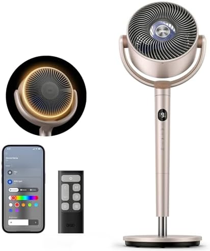 Dreo Smart Fans for Bedroom, 120° +120° Omni-Directional Oscillating Fan, 90ft Quiet Pedestal Fan with RGB Light, 9 Speeds, 6 Modes, 20dB, 8H Timer, Wi-Fi/Voice, 37-42" Floor Fans, Starlight