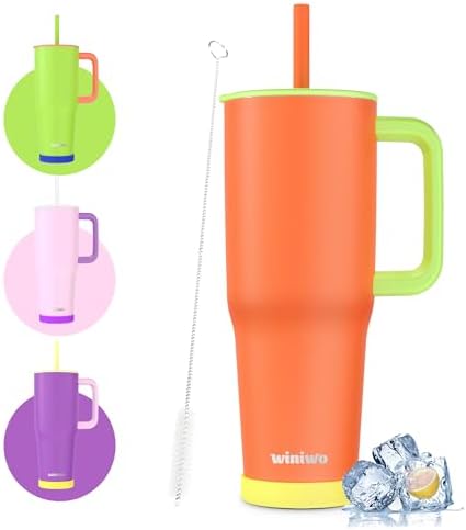 40 oz Tumbler with Handle and Straw, Gift for Her, Flexible Straw, Insulated Tumbler Cups with Silicone Bottom, Keeps Beverages Cold Up to 24 Hours, Gym/Travel/School（Traffic Orange）