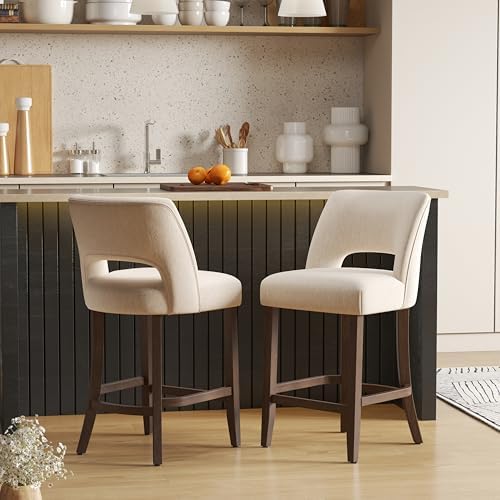 VKNOW Bar Stools Set of 2, Upholstered Counter Height Bar Stools, Modern Counter Stools with Wood Legs for Kitchen Island Dining Room Bar, Beige