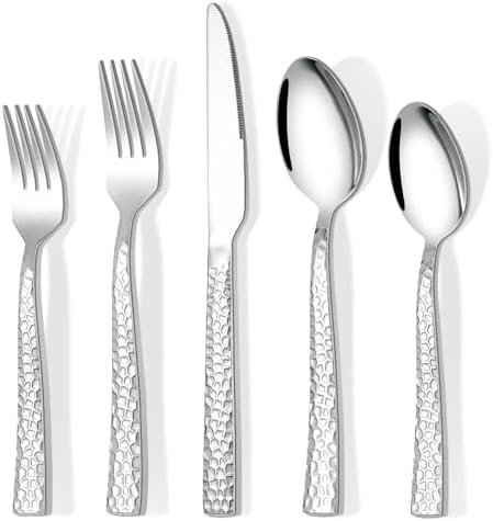 20-Piece Hammered Silverware Set, Food-Grade Stainless Steel Flatware Set for 4, Cutlery Set, Home Kitchen Utensil Set, Include Knifes Forks and Spoons Silverware Set, Mirror Finish, Dishwasher Safe
