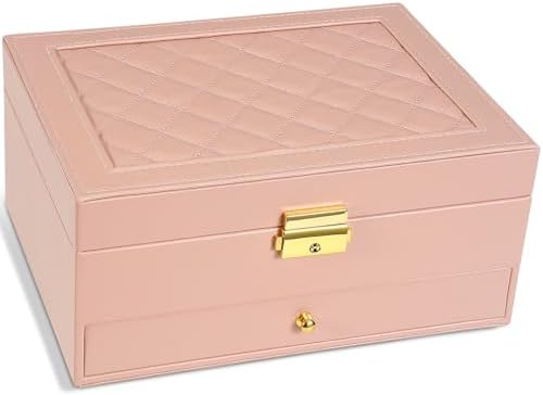 2-Layer Jewelry Box for women, jewelry organizers and storage with Removable Jewelry Tray, vintage quilted top Lockable Jewelry Holder Gift Idea Pink