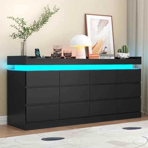 12 Drawer Dresser with Power Outlet, Dresser with LED Light, Modern Chest of Drawers for Closet, Double Wide Drawer Organizer Cabinet for Bedroom, Living Room (Black, 12 Drawers)
