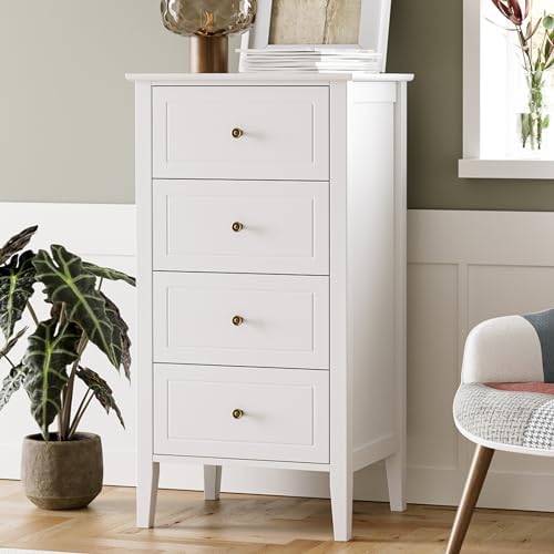 TTVIEW 4 Drawer Dresser, White Dresser Antique Chest of Drawers with Solid Frame, Tall Wood Storage Chest Cabinet for Living Room, Bathroom, Entryway, White