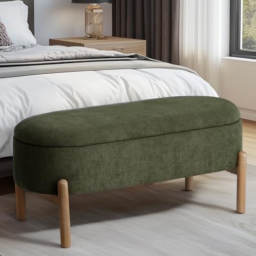 Storage Bench Ottoman, Upholstered Corduroy Storage Bench for Bedroom End of Bed, Modern Aesthetic Furniture, Large Oval Ottoman Bench for Foot of Bed, Living Room, Entryway, Under Window (Green)