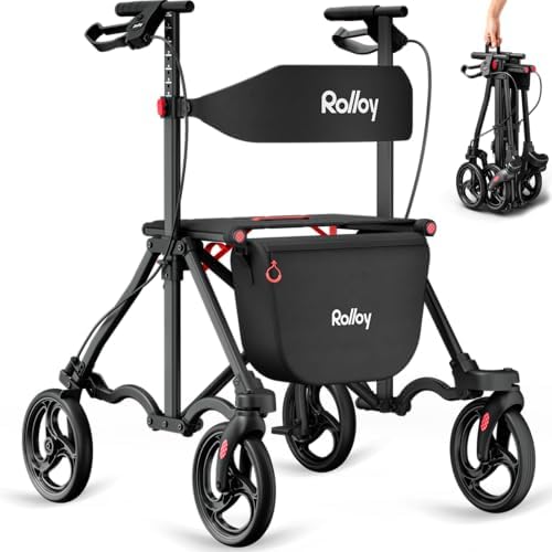 Rollator Walkers for Seniors with Seat, Foldable Travel Rolling Walker, 300 lbs Capacity, Aluminum Compact Portable Walker with Seat, Adjustable Height for Tall over 6ft, 8" Big Wheels(Standard Model)
