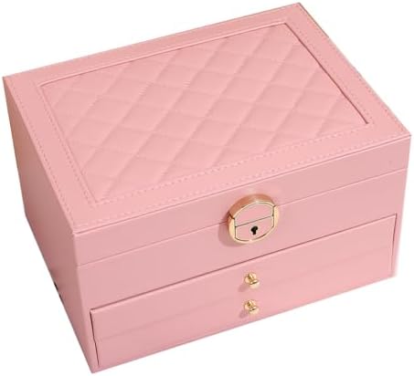 GUOER Jewelry Box for Women Girl Wife 3 Layers Large PU Leather Jewelry Organizer Storage Case with Two Layers Display for Earrings Bracelets Rings Watches PINK