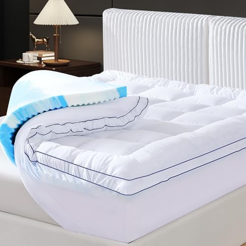 King Dual Layer 4 Inch Memory Foam Mattress Topper, Relax Body, Relieve Pain and Aid Sleep - 2 Inch Fluffy Pillow Top King Mattress Topper and 2 Inch Cooling Gel Memory Foam, 2X Support