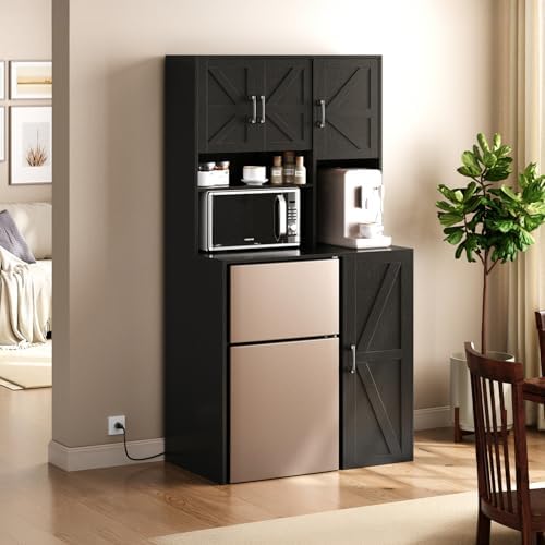 Mini Fridge Cabinet with Storage, Coffee Bar Cabinet with Mini Fridge Space and Outlet, Wine Bar Stand with Microwave Shelf, Beverage Station for Kitchen, Dorm, Office Black KH02MRB