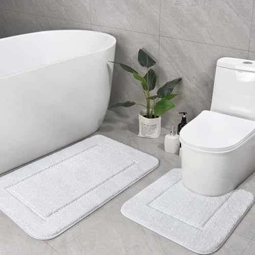LOCHAS Bathroom Rug Set White, Soft Bath Rug Set 2 Piece, Toilet Mat U-Shaped 20x20 and 34x20 Bath Rugs, Quickly Dry Mats for Bathroom, Tub, Washable, Super Absorbent Floor Mat