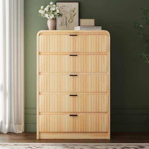 FURSUN Fluted 5 Drawers Dresser for Bedroom, 48" Tall Wooden Modern Dresser with Metal Handle, Curved Profile Design, Storage Organizer for Bedroom, Hallway (Natural Oak)