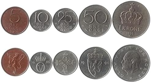 5 Coins from Norway | Norwegian Coin Set Collection 5 10 25 50 Ore 1 Krone | Circulated 1973-1991 | King Olav V