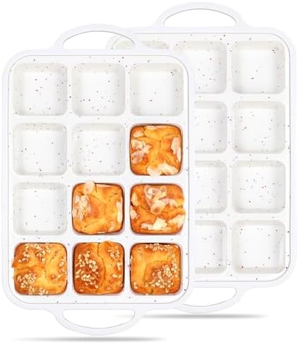 2 Pcs Brownie Pan With Dividers Silicone Nonstick Mini Individual 12 Cup Square Muffin Cupcake Pans with Metal Frame(Cream)