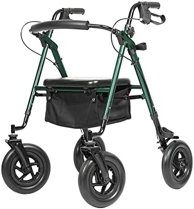 ELENKER All-Terrain Rollator Walker with 10” Rubber Wheels, Padded Seat & Backrest, Under-seat Basket for Seniors, Green