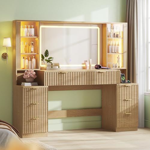Big Vanity, 59.1" Fluted Wood Makeup Vanity Desk with Mirror and Sound Sync LED Lights, Large Vanity Dressing Table, 8 Drawers, 2 Glass Cabinets, with Charging Station for Girls, Women, Oak