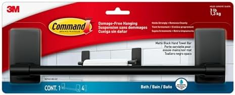 Command Hand Towel Bar Matte Black with Water Resistant Command Strips, Bathroom Décor, 9 in Bar Length Holds up to 3 lbs