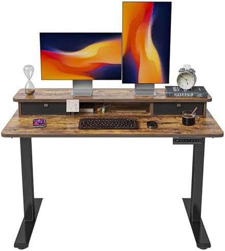 FEZIBO 48'' x 24'' Height Adjustable Electric Standing Desk with Double Drawer, Home Office Stand Up Table with 4 Height-Adjustable Feets & 2 Hooks, Vintage Brown