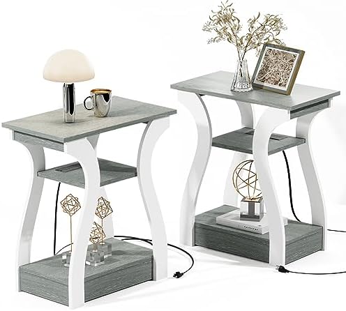 End Tables Living Room Set of 2,Grey End Table with Charging Station,Grey Side Table, Nightstand for Bedroom, 3 Tier End Table with Storage Shelf for Living Room