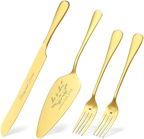 Wedding Cake Knife and Server Set, Gold Cake Cutting Set for Wedding, 4 Pieces Set with Forks for Engagements, Anniversaries, Bride and Groom