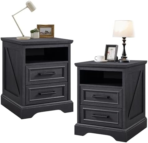 ACCOHOHO 18" Farmhouse Nightstand Set of 2 with Charging Station,End Table with 2 Drawers Storage,Side Table,Bedside Cabinet for Bedroom,Living Room, Black