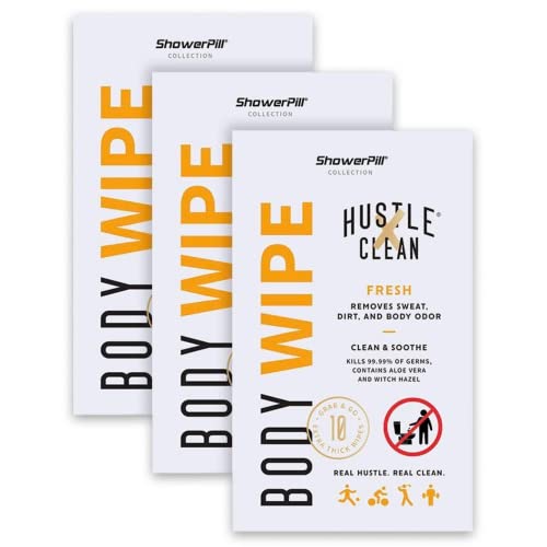 The Body Wipe by Hustle Clean - ShowerPill Collection - No Shower Wipes for Adults for Post-Workout or Camping Bathing - 30 Individually Wrapped Wipes