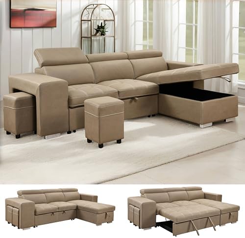 THSUPER 102'' Microfiber L Shaped Sectional Sleeper Sofa Couch with Pullout Bed and Storage Chaise, Convertible Couches with Adjustable Headrest for Living Room, Reversible Chaise. Light Brown