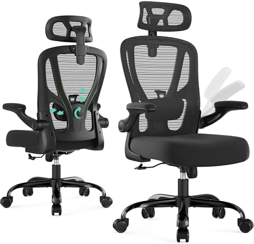 Office Chair Ergonomic Desk Chair - Mesh High Back Office Chair with Headrests Wheels Lumbar Support Home Desk Office Chairs Flip up Armrest Executive Rolling Swivel Task Computer Chair Black