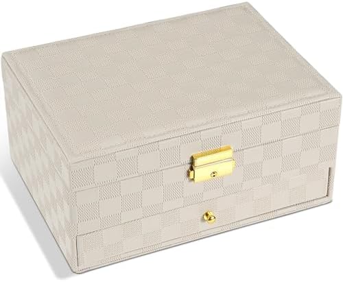 GUOER Jewelry Box for Women Girl Wife - Large PU Leather Jewelry Organizer Storage Case with Two Layers Display for Earrings Bracelets Rings Watches (Light Khaki)