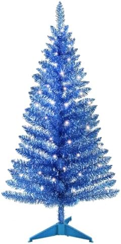 4ft Lighted Artificial Blue Christmas Tree, Not Pre-lit Blue Tinsel Pine Trees with Lights, Ideal for Ideal for Home, Office, and Xmas Party Décor - Includes Stand
