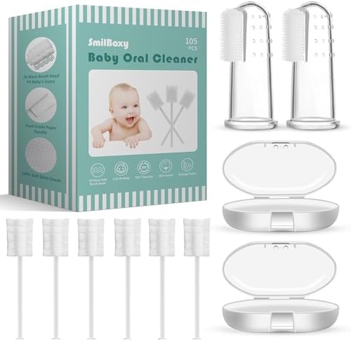 105 Pieces Baby Tongue Cleaner + 2 PCS Finger Toothbrush Soft Gauze Baby with Box Disposable Tongue Cleaner Infants Oral Mouth Cleaner Newborn Care 0-36 Month Infants