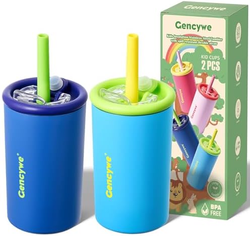 2 PACK Kids Double Walled Stainless Steel Cups with Straws and lids | 12 oz Spill-Proof Sippy Smoothie Tumbler Set, Small Kids Snack & Drink Water Cups, BPA-Free, with Box