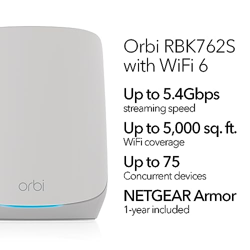 NETGEAR Orbi Whole Home Tri-Band Mesh WiFi 6 System (RBK762S) – Router With 1 Satellite Extender - Coverage up to 5,000 sq. ft, 75 Devices – Armor Security - AX5400 802.11ax (up to 5.4Gbps) (Renewed)