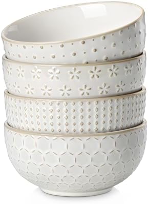 MALACASA Cereal Bowls, 30 Ounce Ceramic Soup Bowl for Kitchen, Stoneware Bowls Set of 4 with Embossment for Pho, Chip, Fruits, Salad, Noodle, Ramen - 6 Inch, Arctic White Series LYDIA