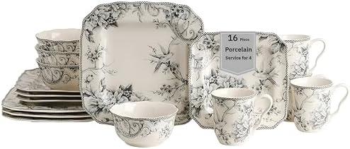 222 Fifth Adelaide 16-Piece Square Floral Dinnerware Set â€“ Service for 4, Grey & White Porcelain Plates & Bowls, for Everyday Dining & Entertainment, Microwave & Dishwasher Safe, Chip Resistant