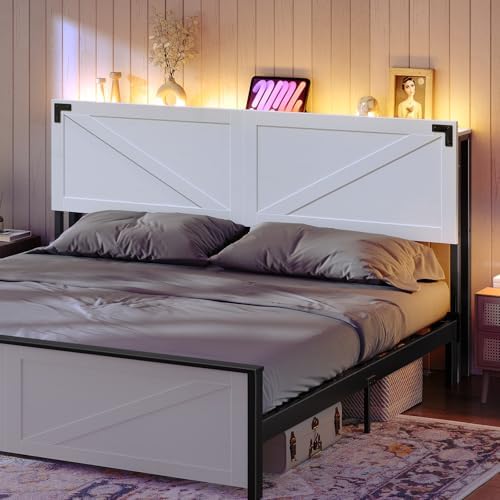 King Size Headboard Only, Headboard with 2 Outlets and 4 USB Ports, Farmhouse Headboard, with LED Lights, Secure Storage with Raised Fence, with Bed Frame Adapter, White and Black