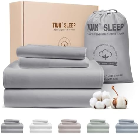 TWK 1200 TC 100% Egyptian Long-Staple Cotton Bedding Sheets Set, Luxury Hotel Style Deep Pocket with Elastic Reinforced Seams Sheet Set, Soft & Comfy Natural Sheets (Gray, Queen)