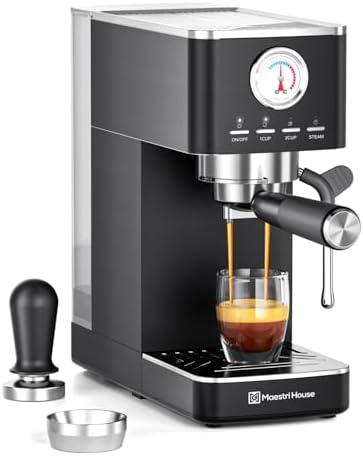 Maestri House Espresso Machine, 20 Bar ULKA Pump, Compact Espresso Maker Built-in Flow Meter Steam Milk Frother, Stainless Steel Coffee Machine for Cappuccino, Latte (Black)