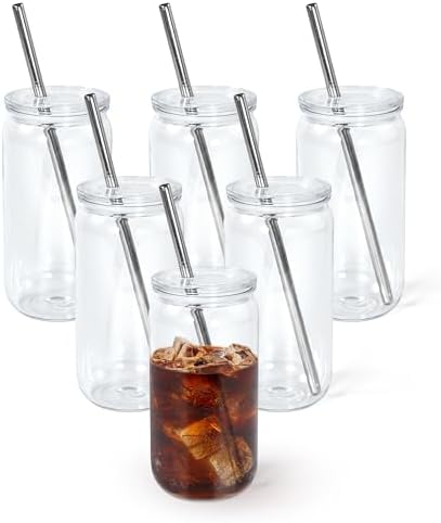 16oz Acrylic Mason Jar Cups, Clear Cups with Plastic Lids and Straws, Iced Coffee Cup Drinking Glass Tumbler for Whiskey, Soda, Tea, Juice, Gift, 6pcs