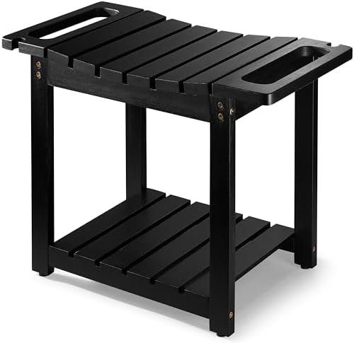BLUEWEST Shower Bench Seat with Storage Shelf, Natural Wood Shower Benches for Inside Shower to Sit on, Waterproof Bathroom Spa Bench Stool for Legs Shaving with Built-in Handle & Shower Head Holder